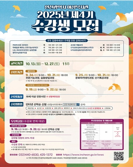 인천시 여성복지관, 2025년 제4기...