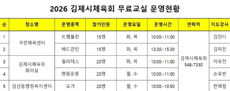 2026 김제시체육회 생활체육 무료교...